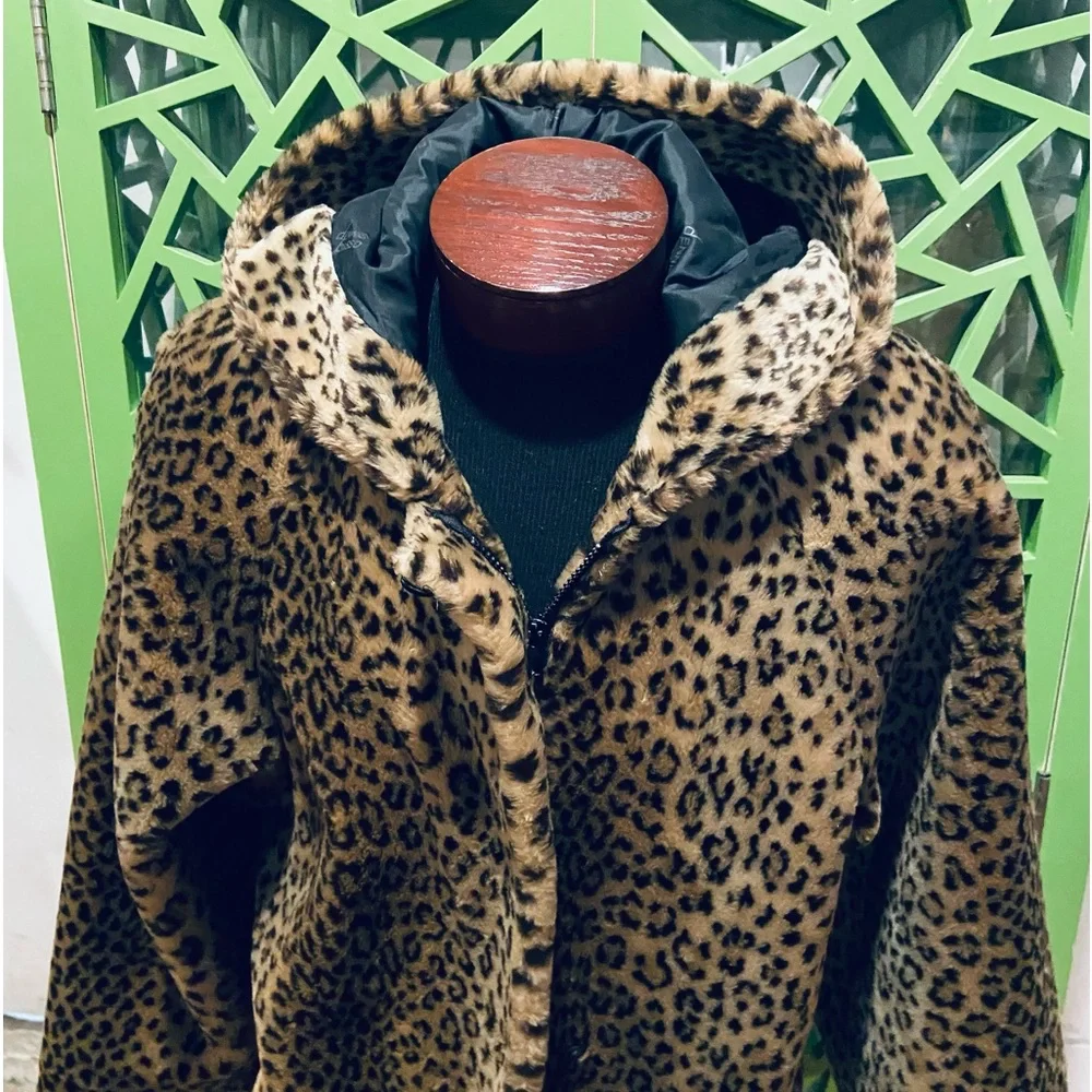 Dennis Basso Luxury Cheetah Print Hooded Faux Fur Coat